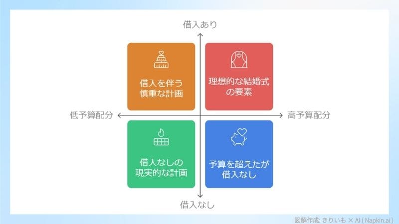 結婚式の予算計画を示す4象限の図。借入あり・なし、高予算・低予算で分類。各象限に異なる計画方法を記載。