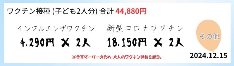 2024年12月15日、子ども2人分のワクチン接種費用（合計44,880円）を示すリスト。インフルエンザワクチンと新型コロナワクチンの価格詳細が記載されている。